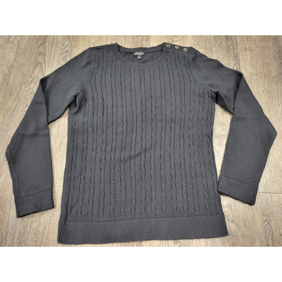 Talbots Solid Black Button Shoulder Sweater Thin Long Sleeve Crewneck Medium - Picture 1 of 5